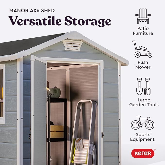 Keter Manor 4x6 Resin Outdoor Storage Shed Kit-Perfect to Store Patio Furniture, Garden Tools Bike Accessories, Beach Chairs and Lawn Mower, Grey & White