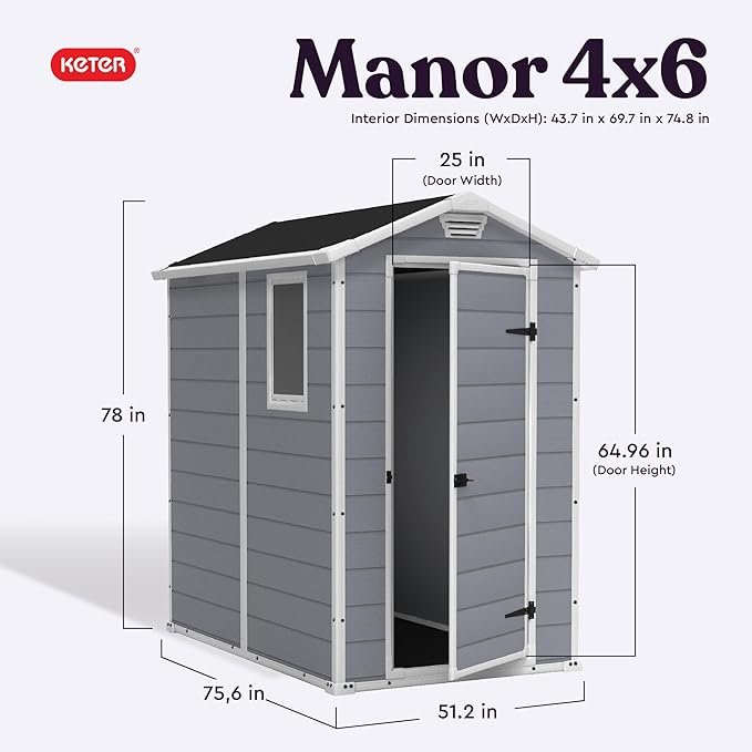 Keter Manor 4x6 Resin Outdoor Storage Shed Kit-Perfect to Store Patio Furniture, Garden Tools Bike Accessories, Beach Chairs and Lawn Mower, Grey & White