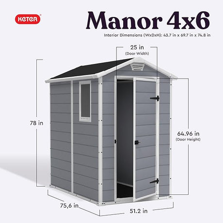 Keter Manor 4x6 Resin Outdoor Storage Shed Kit-Perfect to Store Patio Furniture, Garden Tools Bike Accessories, Beach Chairs and Lawn Mower, Grey & White