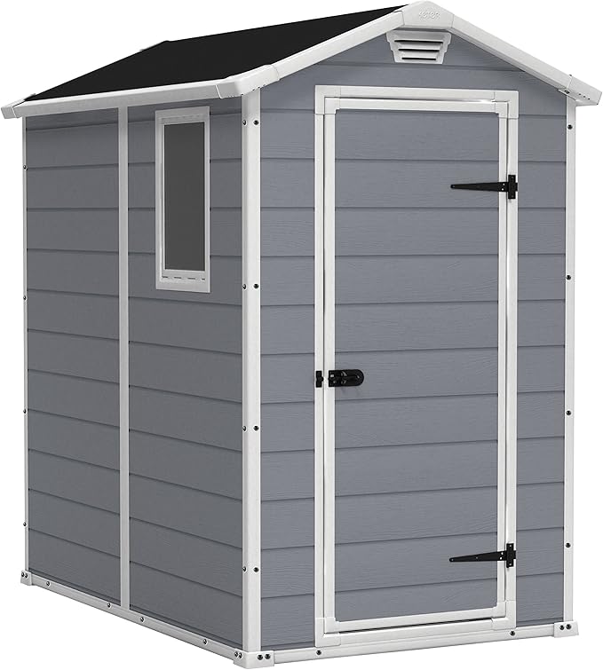 Keter Manor 4x6 Resin Outdoor Storage Shed Kit-Perfect to Store Patio Furniture, Garden Tools Bike Accessories, Beach Chairs and Lawn Mower, Grey & White